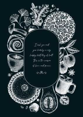 Autumn frame design template. Hand-drawn vector illustration. Pumpkin, hot drink, fruit, pie, vegetables, pastry, fall leaves sketches. Harvest banner on chalkboard. Thanksgiving background